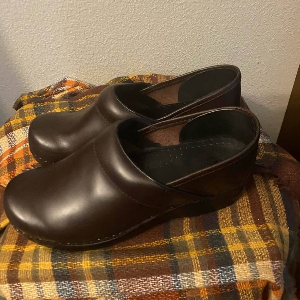 L L Bean brown leather clog.